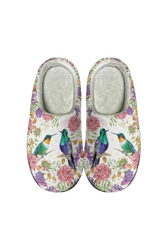 Unisex Warm Slippers with Non-Slip Sole for Winter Bedroom Shoes Indoor Outdoor Slip-On Cosy House Shoes, Retro Floral Hummingbird Chrysanthemum Pink Pattern, 9-10 W/7-8 M