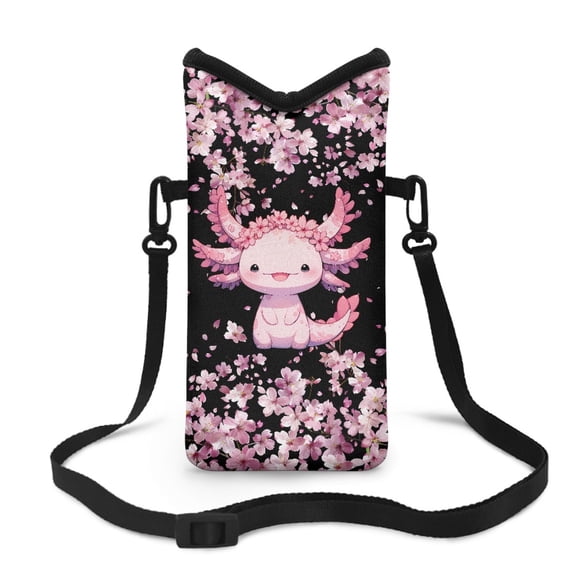 Xoenoiee Universal Neoprene Phone Pouch Stylish Cellphone Sleeve Case with Large Top Opening Adjustable Crossbody Strap amd Hook Loop Fastener, 4 X 8 Inch, Axolotl Cherry Blossom Black