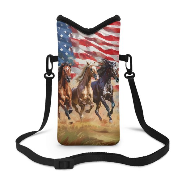 Xoenoiee Universal Neoprene Phone Purse Stylish Large Top Opening Cellphone Sleeve Pouch with Adjustable and Detachable Crossbody Strap, 4 X 8 Inch, USA Flag Horse