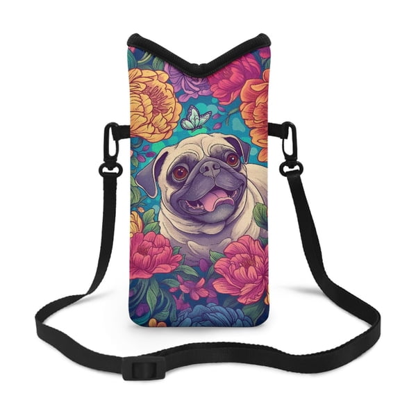 Xoenoiee Universal Neoprene Shockproof Phone Pouch Sleeve Bag with Large Top Opening Portable Crossbody Cellphone Sleeve Pouch, 4 X 8 Inch, Pug Butterfly Floral