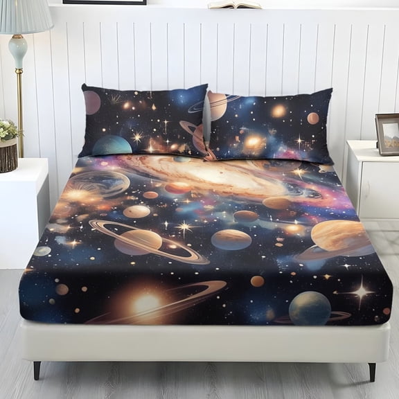 Xoenoiee Universe Planet Space Pattern Fitted Sheet Set of 3, Cooling Bed Sheets with Ultra Deep Pocket, Includes 1 Fitted Sheet & 2 Pillowcases, Full Size