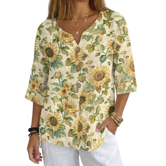 Xoenoiee Vinatge Sunflower Print Linen Tops for Women 3/4 Sleeve Henley V Neck Cotton Shirts Casual Jacquard Button Up Pleated Blouses Tops T-Shirts, Size L