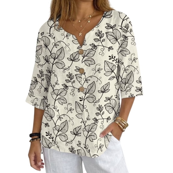 Xoenoiee Vine Cirrus Print Linen Tops for Women 3/4 Sleeve Henley V Neck Cotton Shirts Casual Jacquard Button Up Pleated Blouses Tops T-Shirts, Size L