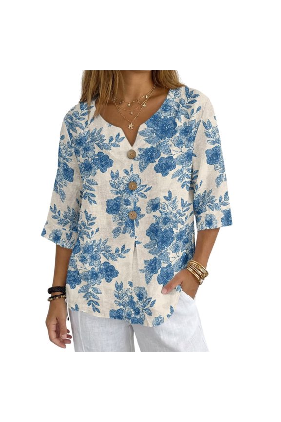 Vintage Blue Flower Print Womens Tops 3/4 Sleeve V Neck Button Down Henley Shirts Business Casual Outfit Basic Tees Summer Top 2026, Size 3XL