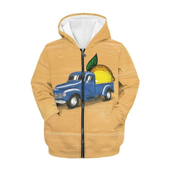 Xoenoiee Vintage Blue Truck Lemon Print Kids Casual Sweatshirt Zip up Hooded Sports Jacket with Pocket Boys Girls Teens Long Sleeve Athletic Hoodie Outwear, 6-7 Years