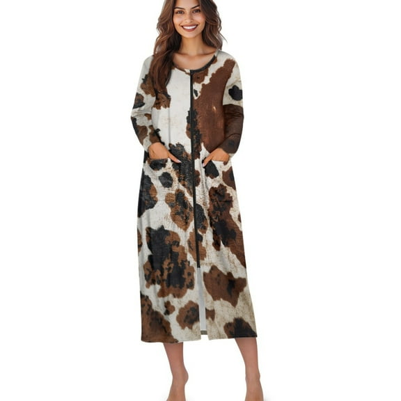 Xoenoiee Vintage Brown Cow Pattern Women Robes Zipper Front Long Sleeve Full Length Housecoat with Pockets Loungewear Nightgowns Plus Size, L