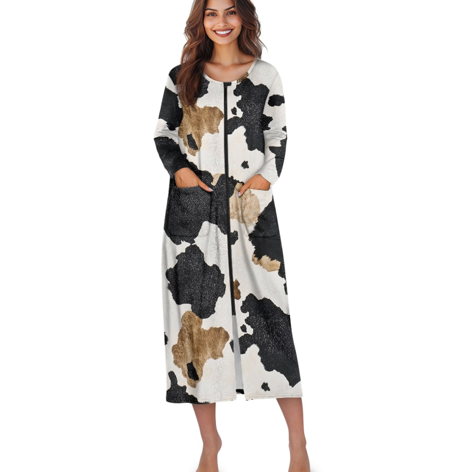 Xoenoiee Vintage Cow Print Nightgown House Dress Zip up Robes for Women ...