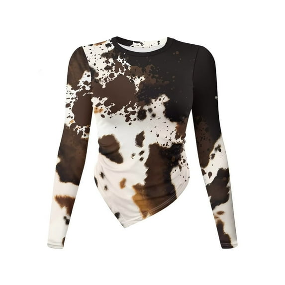 Xoenoiee Vintage Cow Print Womens Ruched Tops 2026 Long Sleeve Slim Fit T Shirts Blouses Round Neck Going Out Y2K Fashion Clothes for Ladies, L