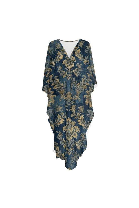 Vintage Floral Pattern Kaftan Maxi Dress for Women V-Neck Caftan Plus Size Boho Beach Cover Up Batwing Sleeve Moo Moos for Resort Wear and Loungewear