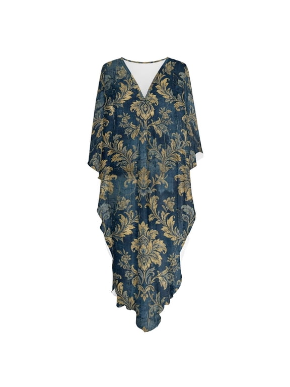Vintage Floral Pattern Kaftan Maxi Dress for Women V-Neck Caftan Plus Size Boho Beach Cover Up Batwing Sleeve Moo Moos for Resort Wear and Loungewear
