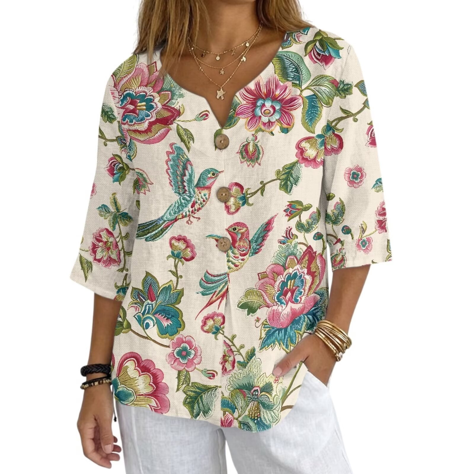 Xoenoiee Vintage Hummingbird Peony Floral Print Linen Tops for Women V ...