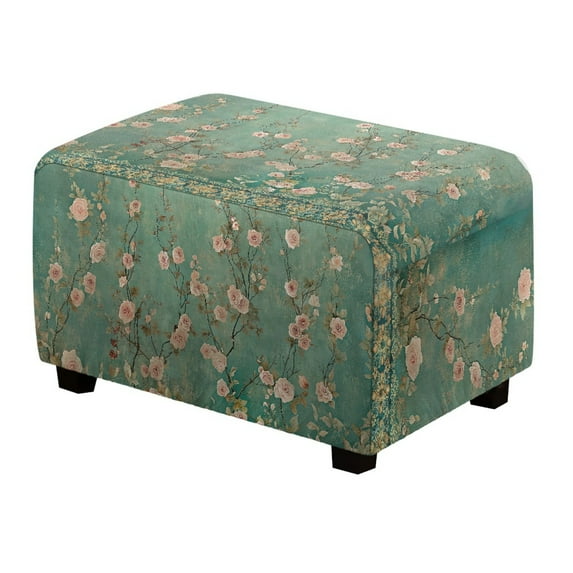 Xoenoiee Vintage Rose Flower Print Stretch Ottoman Cover Slipcovers Rectangle for Living Room Foot Stool Covers to Fit Ottoman Foot Rest, Thick Checked Jacquard Fabric with Elastic Bottom, S