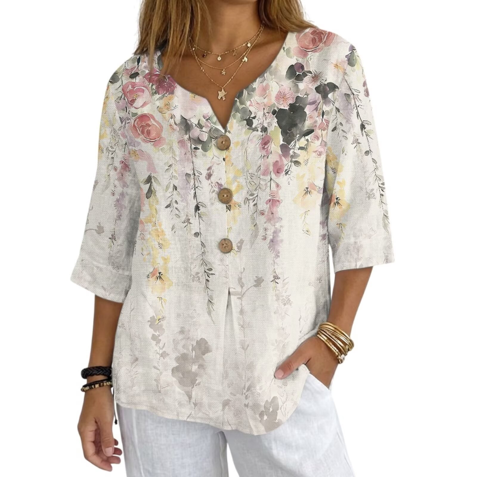 Xoenoiee Vintage Roses Floral Print Linen Shirt for Women Spring Summer ...