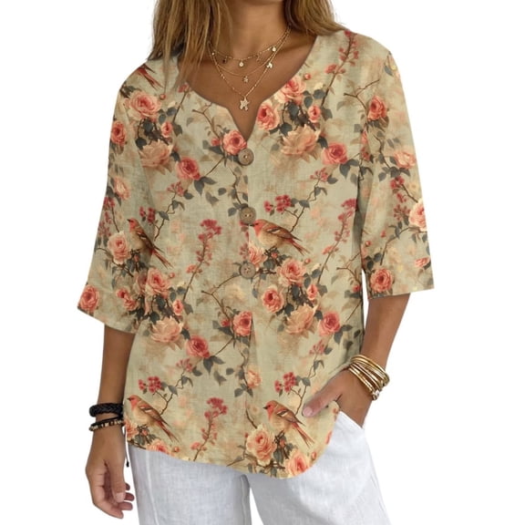 Xoenoiee Vintage Titmouse Rose Flower Print Summer Linen Shirts for Women Button Down V Neck 3/4 Sleeve T-Shirt Blouse Casual Loose Basic Tunic Tops 2026, Size 3XL