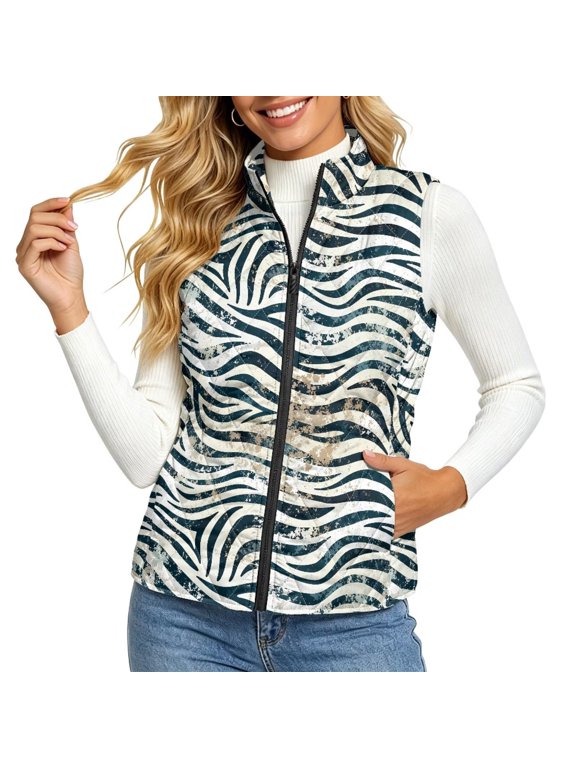 Vintage Zebra Stripe Paint Splatter Print Women's Puffer Vest Outerwear Zip Sleeveless Jacket Lightweight Fuzzy Warm Layer Vest Quilted Padded Warm Gilet for Casual Running Travel, M