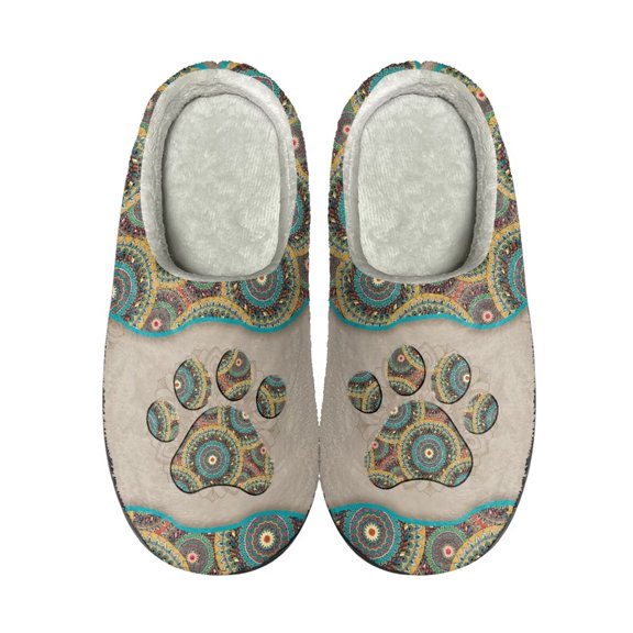 Xoenoiee Warm Slippers with Non-Slip Sole Boho Mandala Dog Paw Pattern for Women Men Fluffy Bedroom Shoes Indoor Outdoor Slip-On Cosy House Shoes, 5.5-6.5W/4-5 M