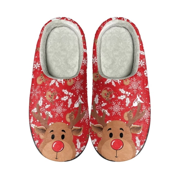 Xoenoiee Warm Slippers with Non-Slip Sole for Women Men Plush Bedroom Shoes Indoor Outdoor Slip-On Cosy House Shoes, Christmas Bell Snowflake Reindeer Pattern, 5.5-6.5W/4-5 M