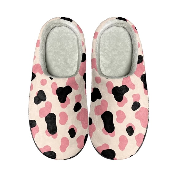 Xoenoiee Warm Slippers for Winter with Non-Slip Sole for Women Men Plush Bedroom Shoes Indoor Outdoor Slip-On Cosy House Shoes, Cow Black Pink Pattern, 8-8.5 W/6-6.5 M