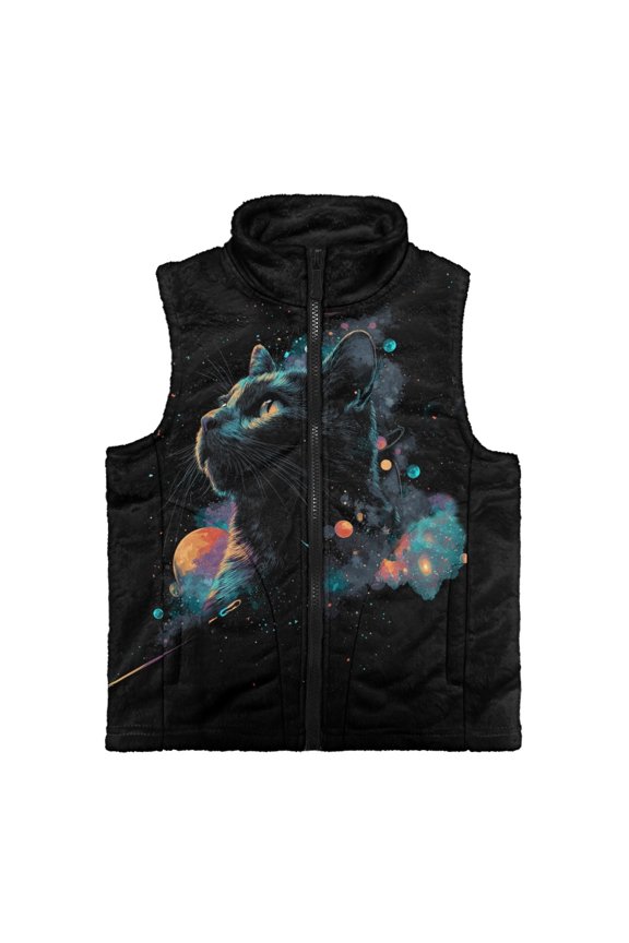 Watercolor Cat Print Boys Zippered Vest Sleeveless Coat Stand-Up Collar Warm Soft Fleece Outerwear Jacket with Pockets, Size 7-8 Years