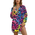 thumbnail image 1 of Xoenoiee Watercolor Colorful Leopard Print Bathing Suit Cover Up for Women Lightweight Swimsuit Coverup Dress Long Sleeve Button Shirt Beach Cover Ups Summer Vacation Outfit, L, 1 of 7