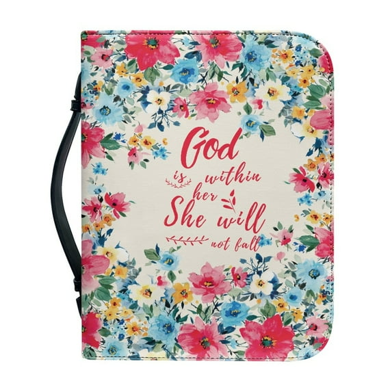 Xoenoiee Watercolor Floral Pattern Bible Cover for Men Women, God is Within Her She Will Not Fall, Christian Zipper Bible Case with Handle Carrying Book Cover Study Bible Tote, XL