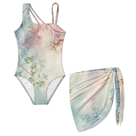 Xoenoiee Watercolor Leaves Pattern Girls One Piece Swimsuits Swimwear with Cover Up Skirt, Summer Outfits Beach Bathing Suit with Adjustable Straps, Size 7-8 Years