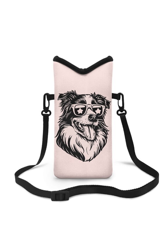 Waterproof Purse Portable Cellphone Bag Neoprene Stylish Phone Pouch with Adjustable Crossbody Strap with Hook Loop Fastener, 4 X 8 Inch, Sunglasses Border Collie Pale Pink