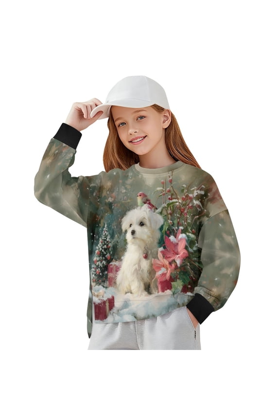 West Highland White Terrier Bird Print Girls Oversized Sweatshirts Tree Gift Flower Long Sleeve Fleece Side Slit Pullover Christmas 2025 Round Neck Fall Outfits Y2K Clothes, 5-6 Years