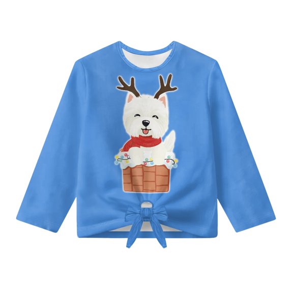 Xoenoiee West Highland White Terrier Deer Bulb Print Girls Long Sleeve Crop Tops Kids Fashion Loose Crew Neck T-Shirts with Tie Front Christmas Casual Basic Tees Fall Outfits, 9-10 Years