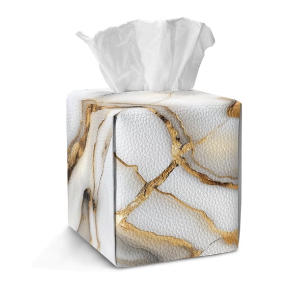 Xoenoiee White Golden Marble Print Tissue Box Cover Square Foldable Tissue Box Holder PU Leather Facial Paper Organizer, for Bathroom Bedroom Living Room Parlors Office, Snap Closure