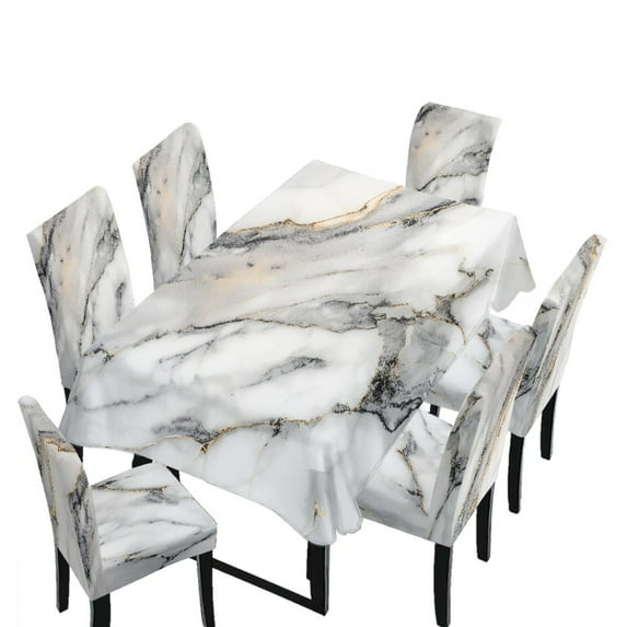 Xoenoiee White Marble Pattern 7 Pcs Chair Protector Cover and Tablecloth Set Stretch Removable Washable 55"x82" Table Cover and Seat Slipcover for Home Hotel Dining Room Banquet Wedding Party
