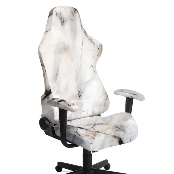Xoenoiee White Marble Pattern Office Chair Cover with Armrest Covers, Stretch Gaming Computer Chair Seat Cover Slipcovers Removable Universal Rotating Armchair Covers High Back Office Seat Cover