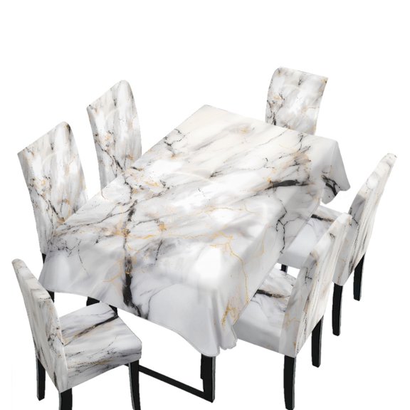 Xoenoiee White Marble Print 7 Pcs Tablecloth and Chair Covers Set Stretchable Washable Holiday Table Cover and Seat Protector Slipcovers for Dining Room Kitchen Party (Rectangle, 82 x 55 Inch)