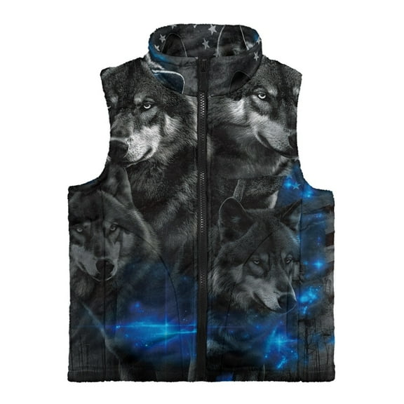 Xoenoiee Wolf American Flag Star Print Vest Zip Up Jacket Sleeveless Stand Collar with Pockets Toddler Boys Fleece Vest Fall Winter Warm Outerwear, Size 7-8 Years