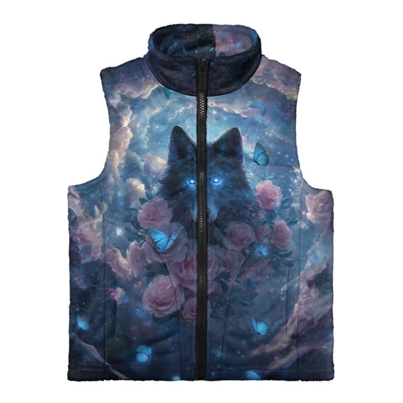 Xoenoiee Wolf Butterfly Rose Print Boys Vest Jacket Kids Full-Zip Collar Cute Waistcoat Sleeveless Outerwear Soft Jacket with Pockets, Size 5-6 Years
