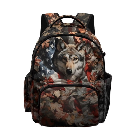 Xoenoiee Wolf Camo American Flag Print Backpacks School Bag for Boys Large Capacity Bookbag Shoulder Bags Kids Back to School Gift Travel Daypack Satchel Rucksack with Side Pockets