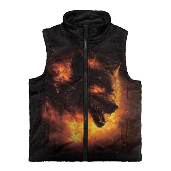 Xoenoiee Wolf Fire Print Boys Fleece Jacket Lightweight Vest Cozy Sleeveless Cardigan Zipper Waistcoat Outerwear with Pocket, Size 3T