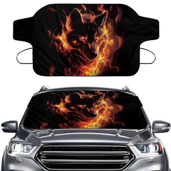 Xoenoiee Wolf Fire Print Windshield Cover for Ice and Snow Heavy Duty Windshield Protector for Cars, SUVs, Trucks, Waterproof Frost Cover Winter Car Accessories