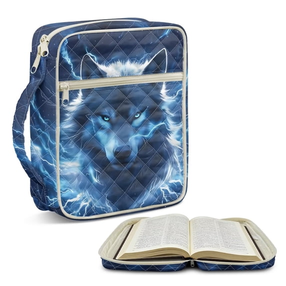 Xoenoiee Wolf Lightning Pattern Bible Bag for Women Men, Large Quilted Bible Cover Case Church Bag with Durable Handle and Extra Pockets, Christian Gift for Ladies