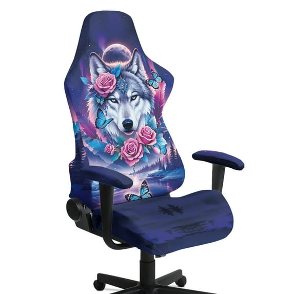 Xoenoiee Wolf Rose Butterfly Forest Pattern Computer Game Chair Covers with Armrest Cover Washable Computer Chair Slipcovers Removable Kitchen Chair Covers for Home Kitchen Restaurant
