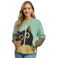 thumbnail image 1 of Xoenoiee Women Bomber Jacket with Pockets Stand Collar Cropped Coat Lightweight Zip Up Jacket Streetwear for Fall Winter, Cartoon Cat Green, 4X-Large, 1 of 7
