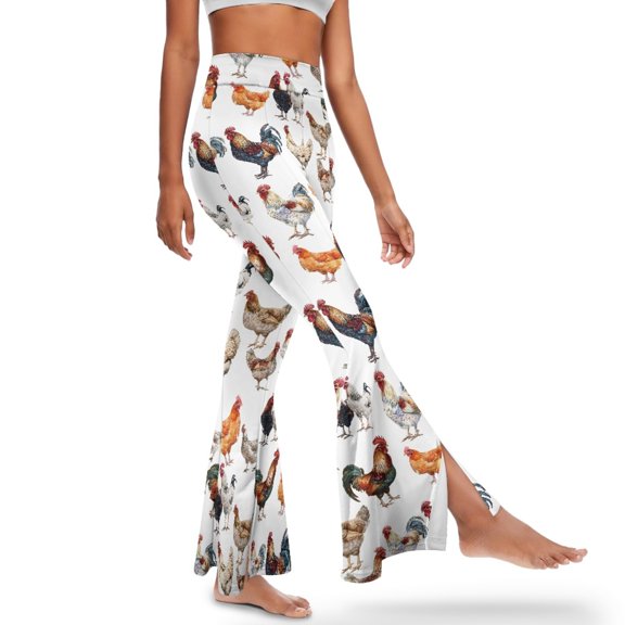 Xoenoiee Women Flared Leggings High-Waisted Tummy Control Leggings Workout Leggings for Women Butt Lifting Gym Yoga Leggings with Slit Flared Hem, 2XL, Rooster Pattern White