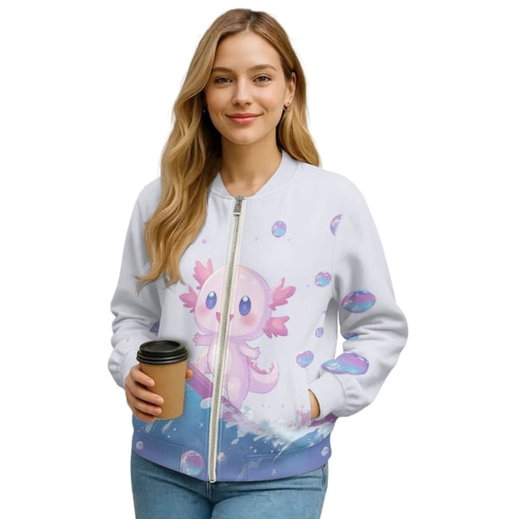 Xoenoiee Women's Bomber Jacket Casual Lightweight Coat Cropped Zip Up Jacket Fall Varsity Jackets Winter Outwear with Pockets, Axolotl Surfing Purple, 3X-Large