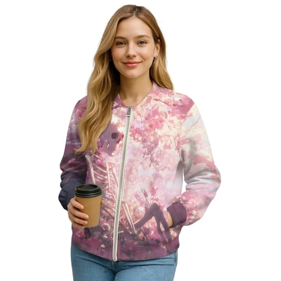 Xoenoiee Women's Bomber Jacket Casual Lightweight Coat Cropped Zip Up Jacket Fall Varsity Jackets Winter Outwear with Pockets, Skull Cherry Blossom Pink, XX-Large