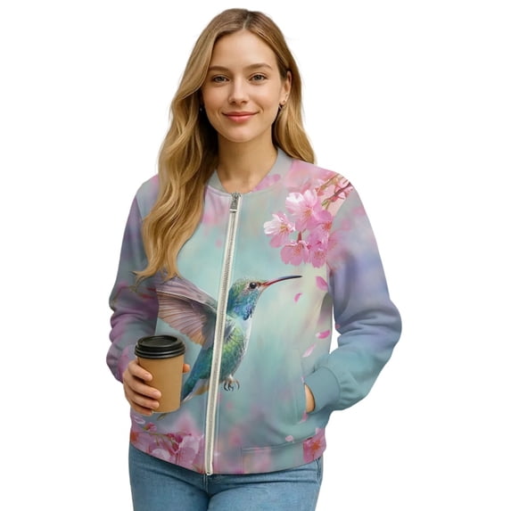 Xoenoiee Women's Bomber Jacket Lightweight Casual Coat with Pockets Zip Up Windbreaker Jacket Fall Winter Outfit Trendy, Hummingbird Cherry Blossom, X-Large