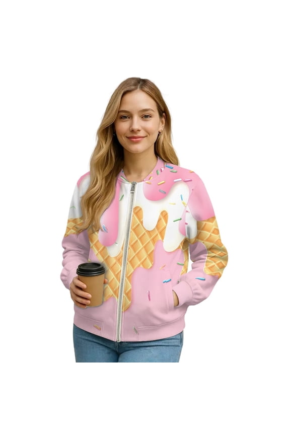 Xoenoiee Women’s Bomber Jackets 2025 Fall Winter Trendy Coats Zip Up Varsity Jacket with Pockets Lightweight Casual Jacket, Ice Cream Pink, Medium
