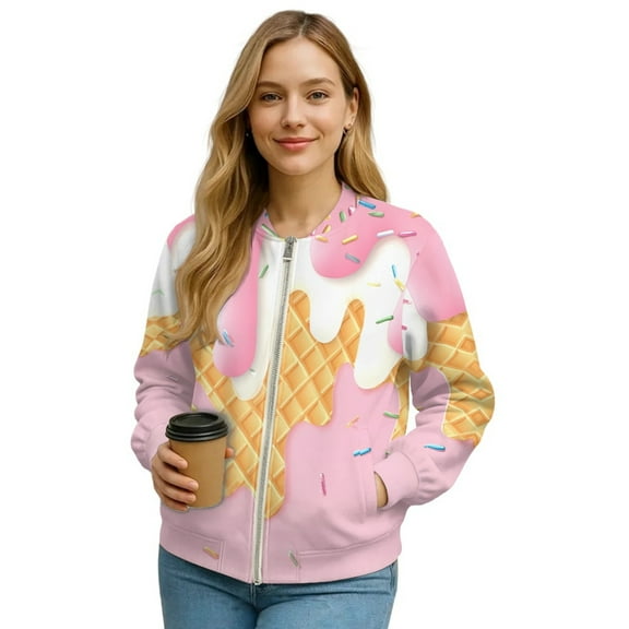 Xoenoiee Women’s Bomber Jackets 2025 Fall Winter Trendy Coats Zip Up Varsity Jacket with Pockets Lightweight Casual Jacket, Ice Cream Pink, XX-Large