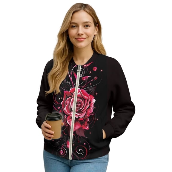Xoenoiee Women’s Bomber Jackets 2025 Fall Winter Trendy Coats Zip Up Varsity Jacket with Pockets Lightweight Casual Jacket, Red Rose Black, Large