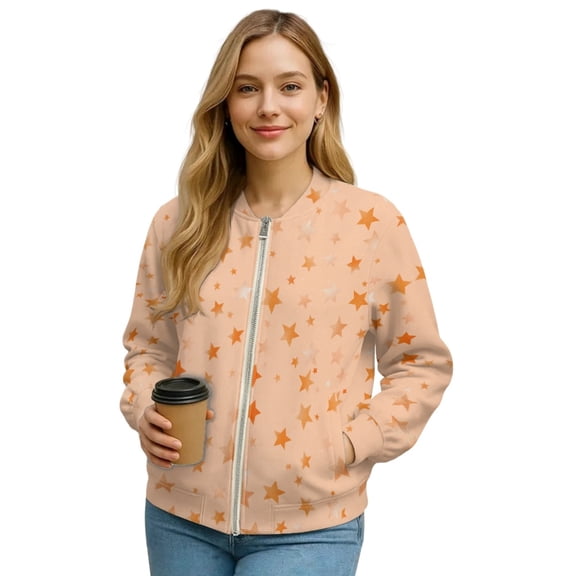 Xoenoiee Women's Casual Jacket Lightweight Bomber Jackets with Pockets Lightweight Windbreaker Zip-up Varsity Jackets Fall Outerwear, Stars, Medium