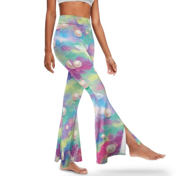 Xoenoiee Women's Flare Leggings Buttery Soft Flared Pants High-Waisted Bell Bottom Pants Tummy Control Workout Leggings for Girls Flared Yoga Pants, M, Pearl Colored Mermaid Scale